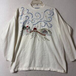Swan Magic Vintage 1997 shirt sz L house clouds moon hills hand embroidered USA